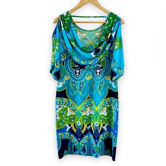 Clues Collections green & blue bold print dress size M - Picture 2 of 8